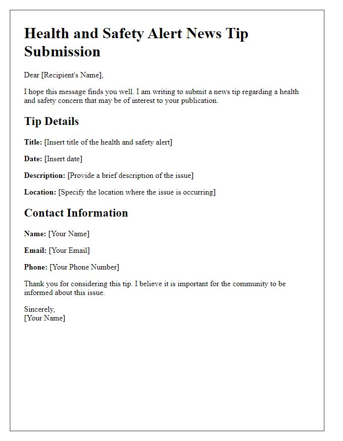 Letter template of news tip submission for health and safety alerts