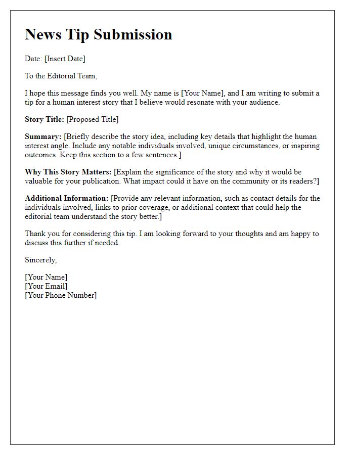 Letter template of news tip submission for human interest stories