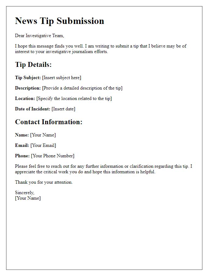 Letter template of news tip submission for investigative journalism