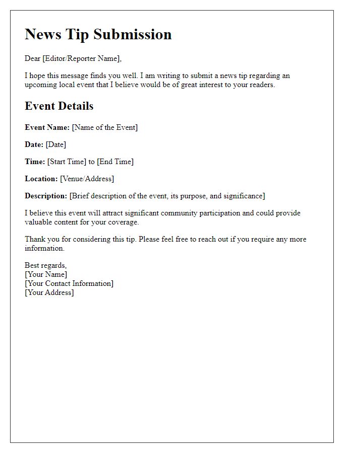 Letter template of news tip submission for local events