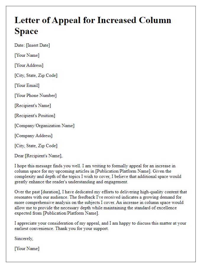 Letter template of appeal for increased column space