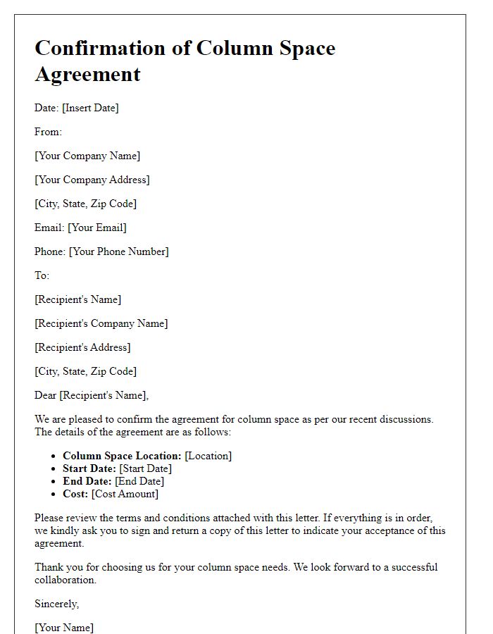 Letter template of confirmation for column space agreement