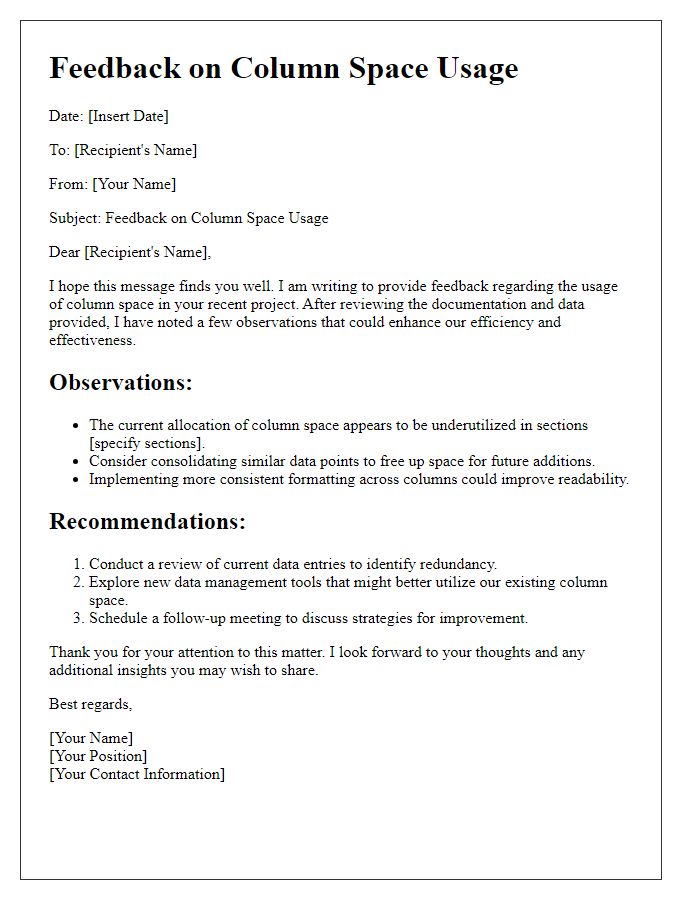 Letter template of feedback on column space usage