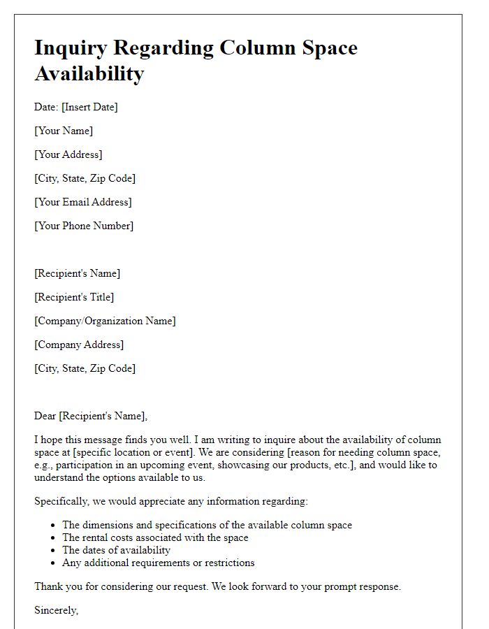 Letter template of inquiry regarding column space availability