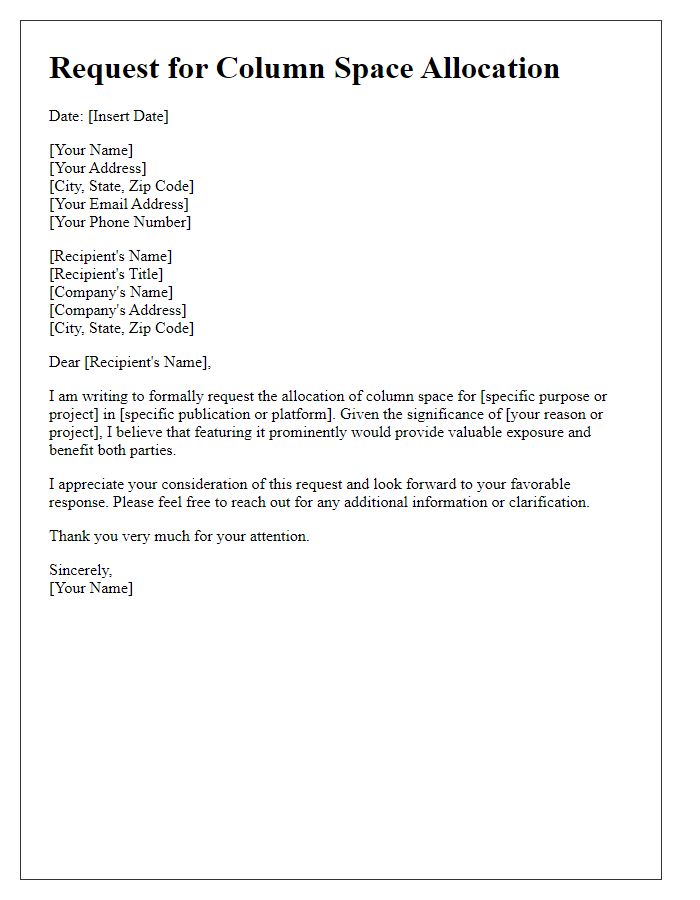 Letter template of request for column space allocation