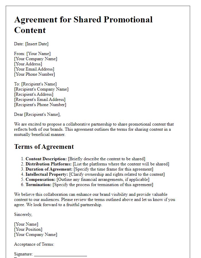 Letter template of agreement for shared promotional content.