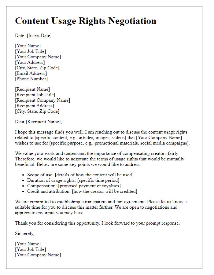 Letter template of content usage rights negotiation.