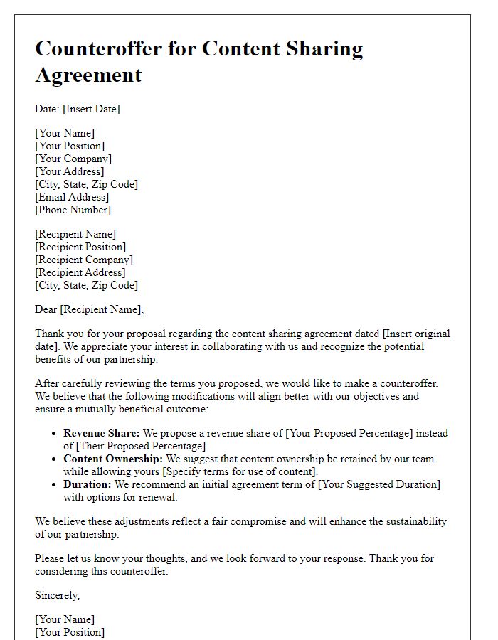 Letter template of counteroffer for content sharing agreement.