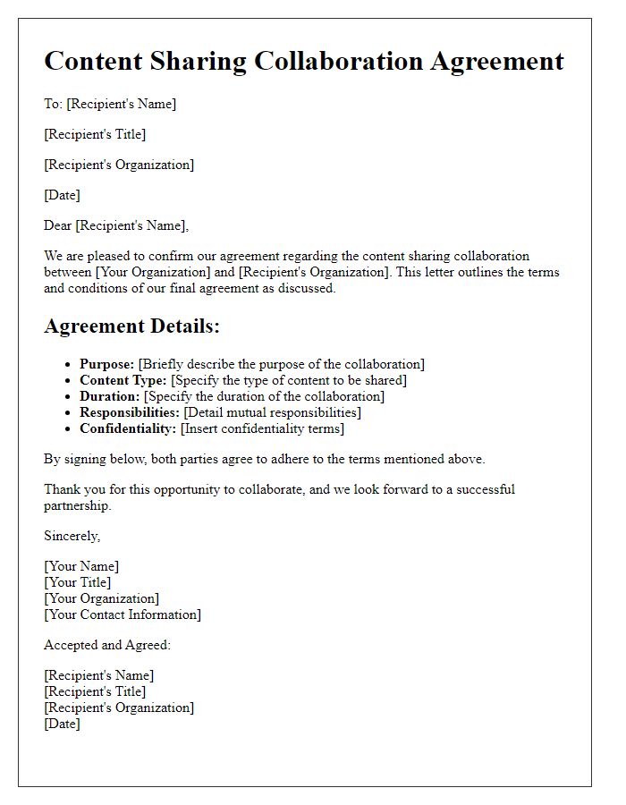 Letter template of final agreement for content sharing collaboration.