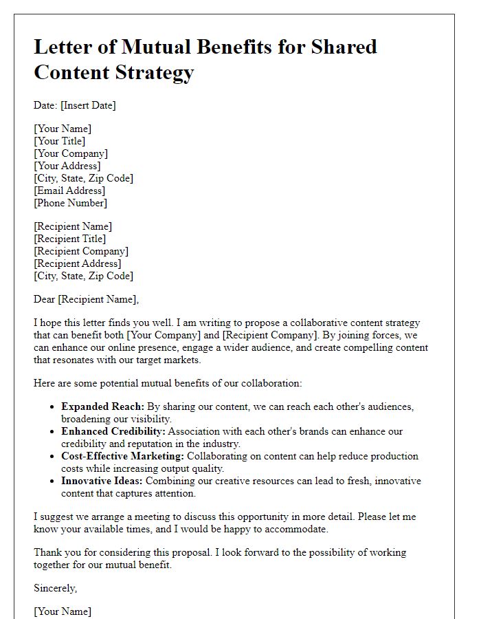 Letter template of mutual benefits for shared content strategy.