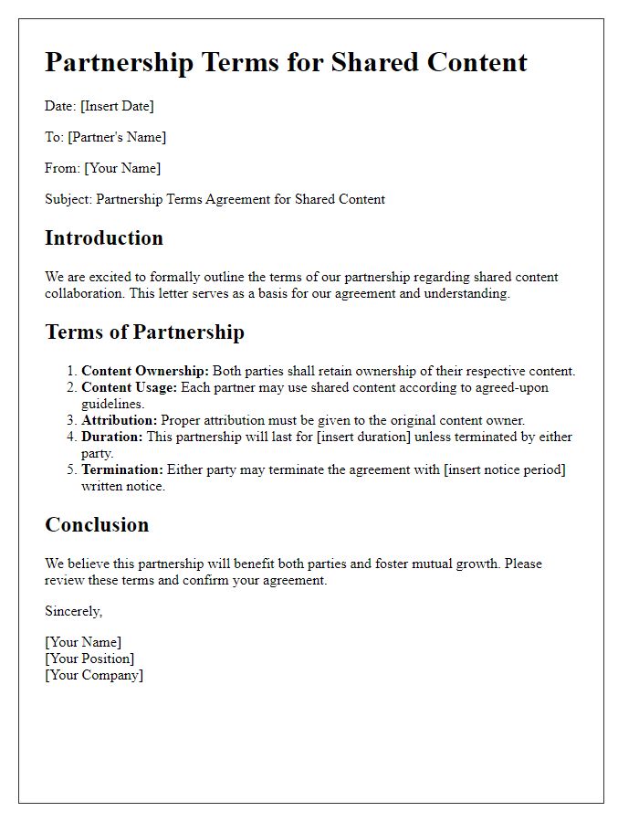 Letter template of partnership terms for shared content.