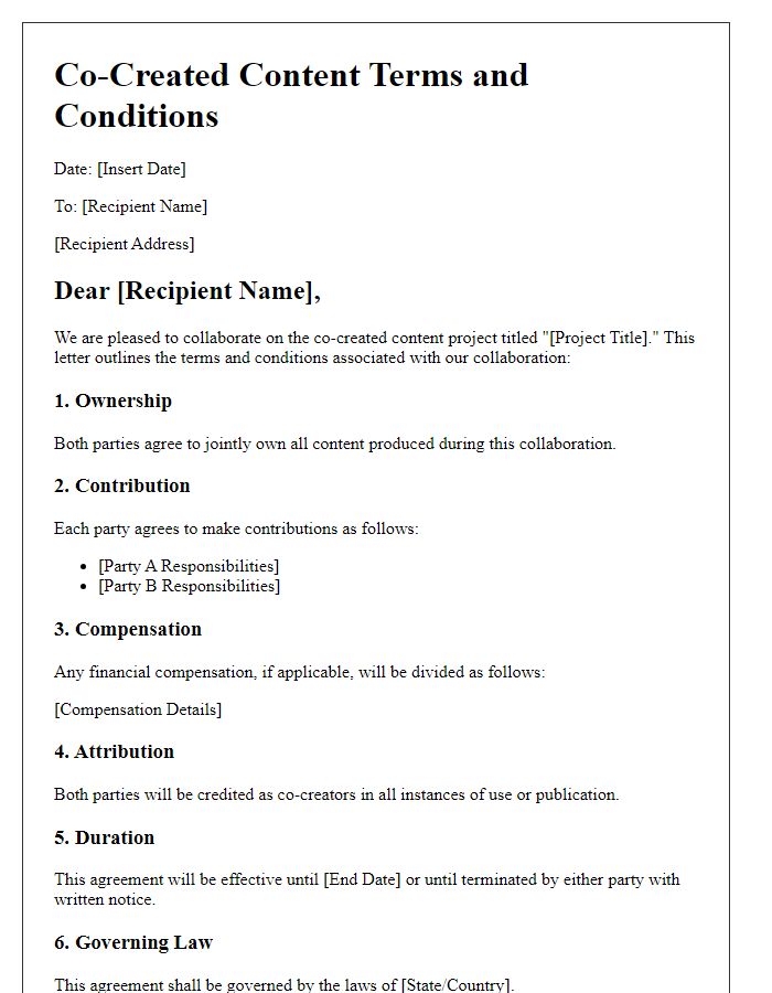 Letter template of terms and conditions for co-created content.