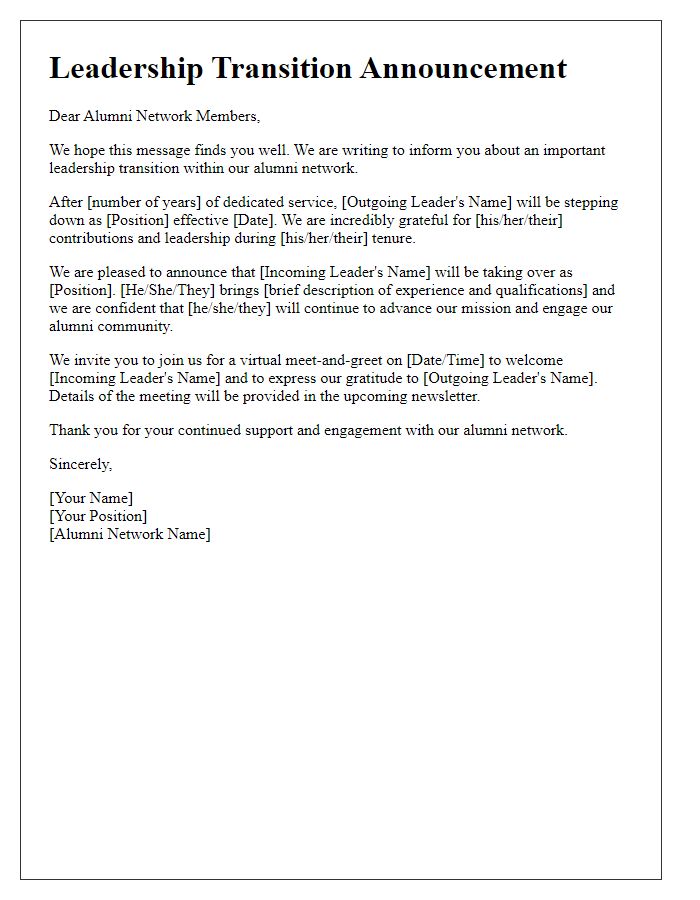 Letter template of leadership transition announcement for alumni networks