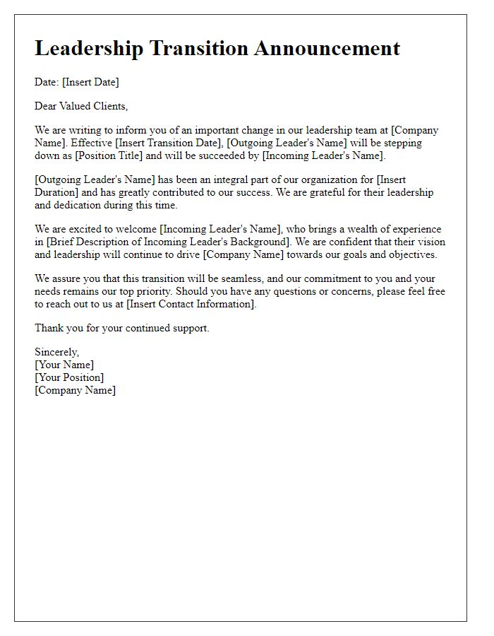 Letter template of leadership transition announcement for clients