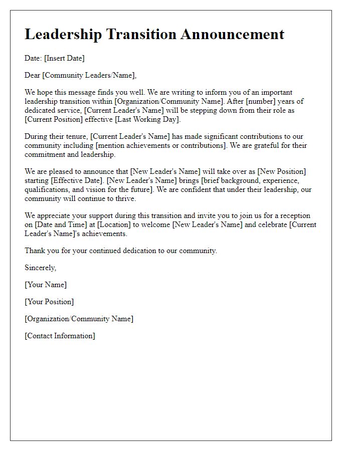 Letter template of leadership transition announcement for community leaders