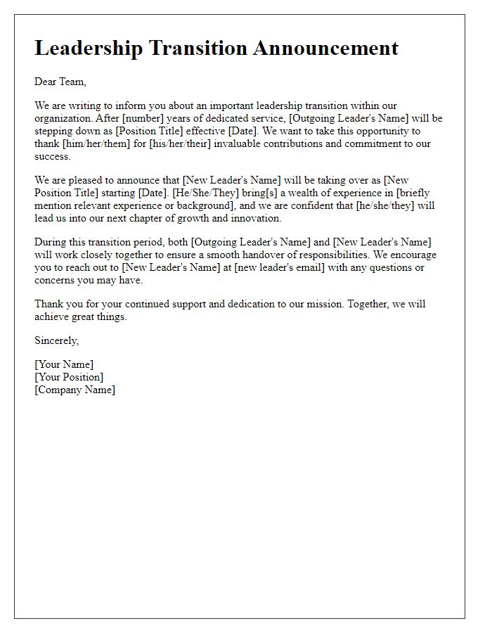 Letter template of leadership transition announcement for employees