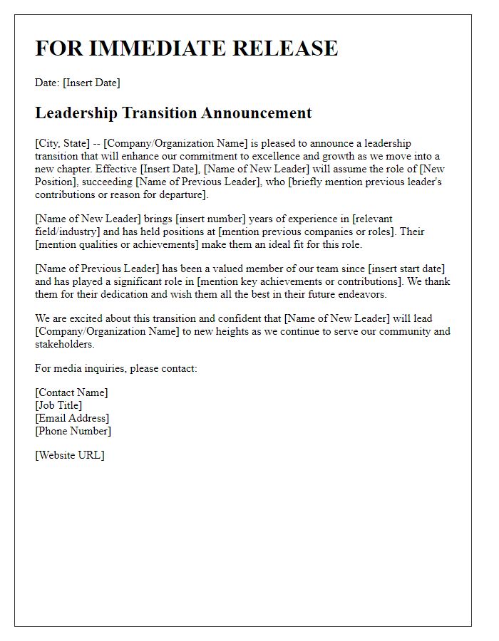 Letter template of leadership transition announcement for media outlets