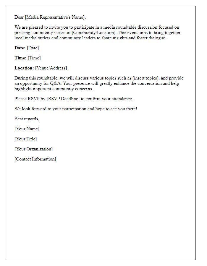 Letter template of invitation for media roundtable discussion on community issues.