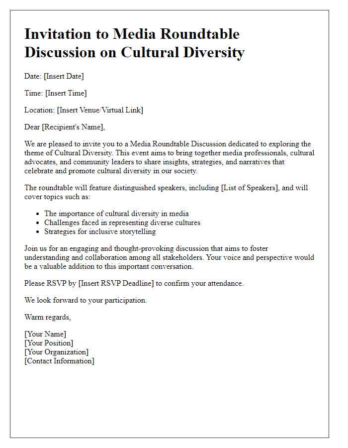 Letter template of invitation for media roundtable discussion on cultural diversity.