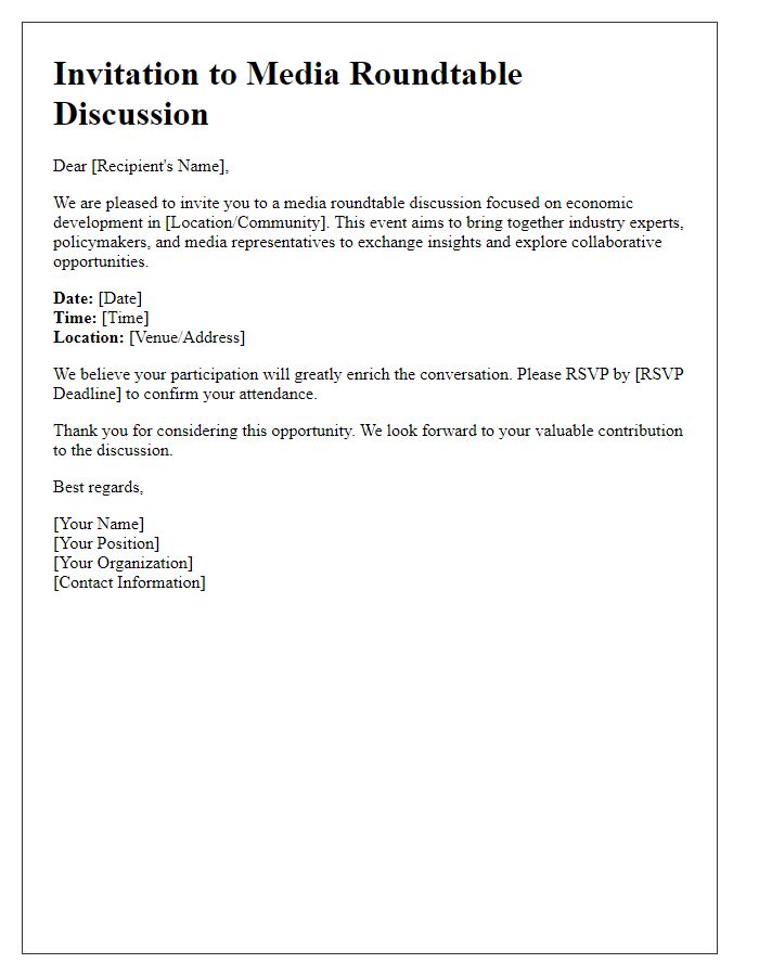 Letter template of invitation for media roundtable discussion on economic development.