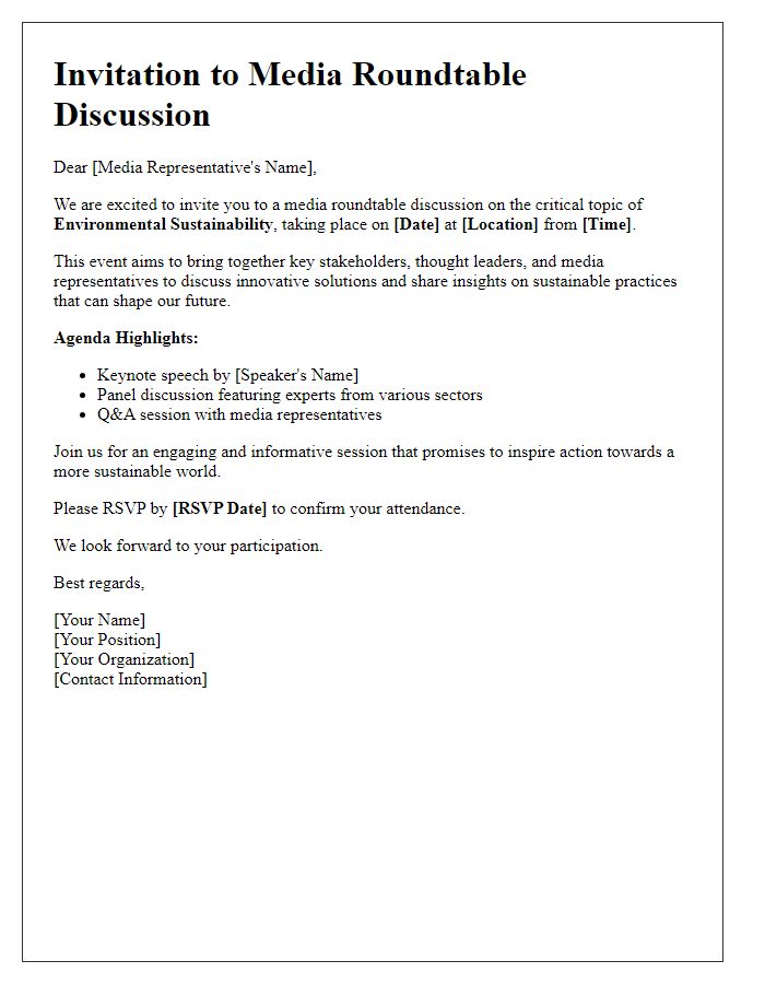 Letter template of invitation for media roundtable discussion on environmental sustainability.