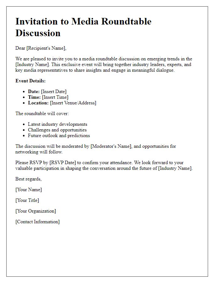 Letter template of invitation for media roundtable discussion on industry trends.