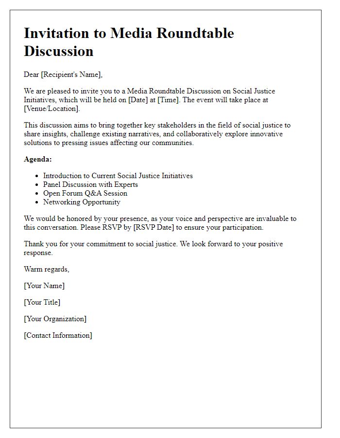 Letter template of invitation for media roundtable discussion on social justice initiatives.