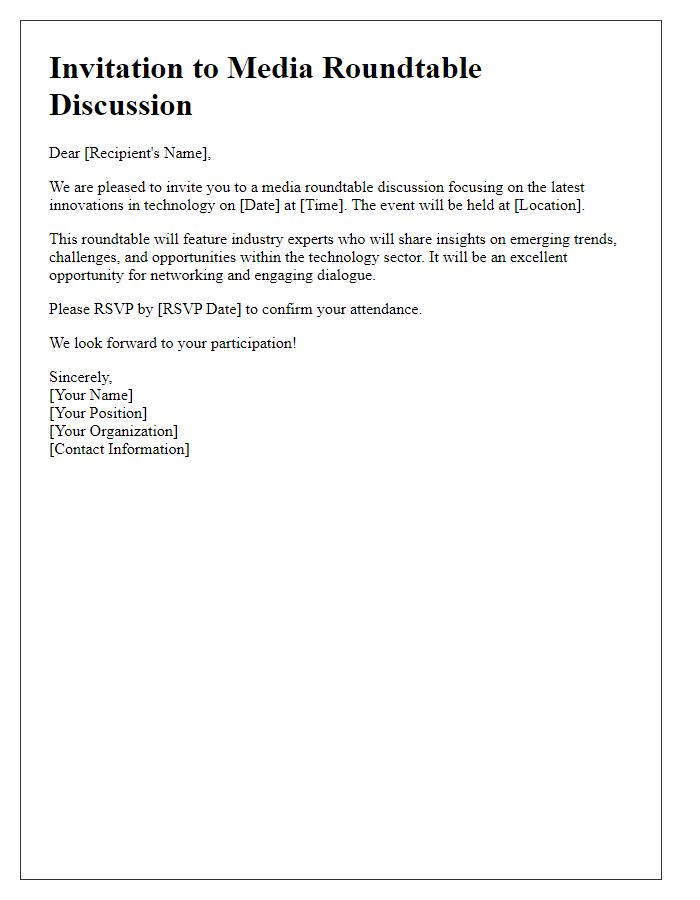 Letter template of invitation for media roundtable discussion on technology innovations.