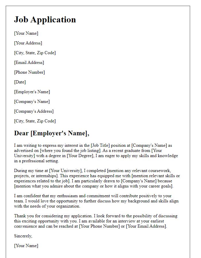 Letter template of job application for new alumni seeking employment