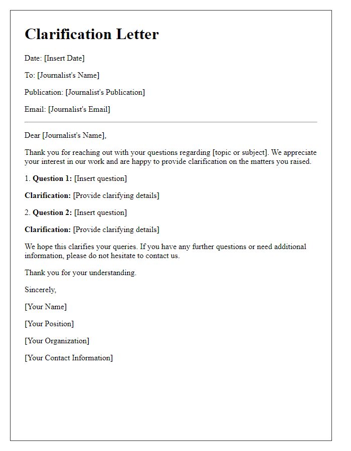 Letter template of clarification for journalist questions