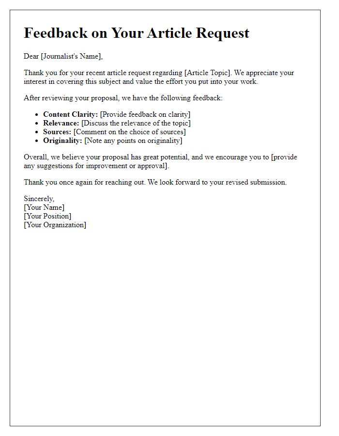 Letter template of feedback for journalist article requests