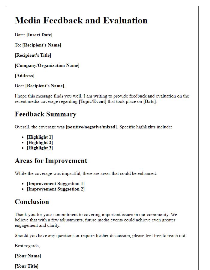 Letter template of media feedback and evaluation