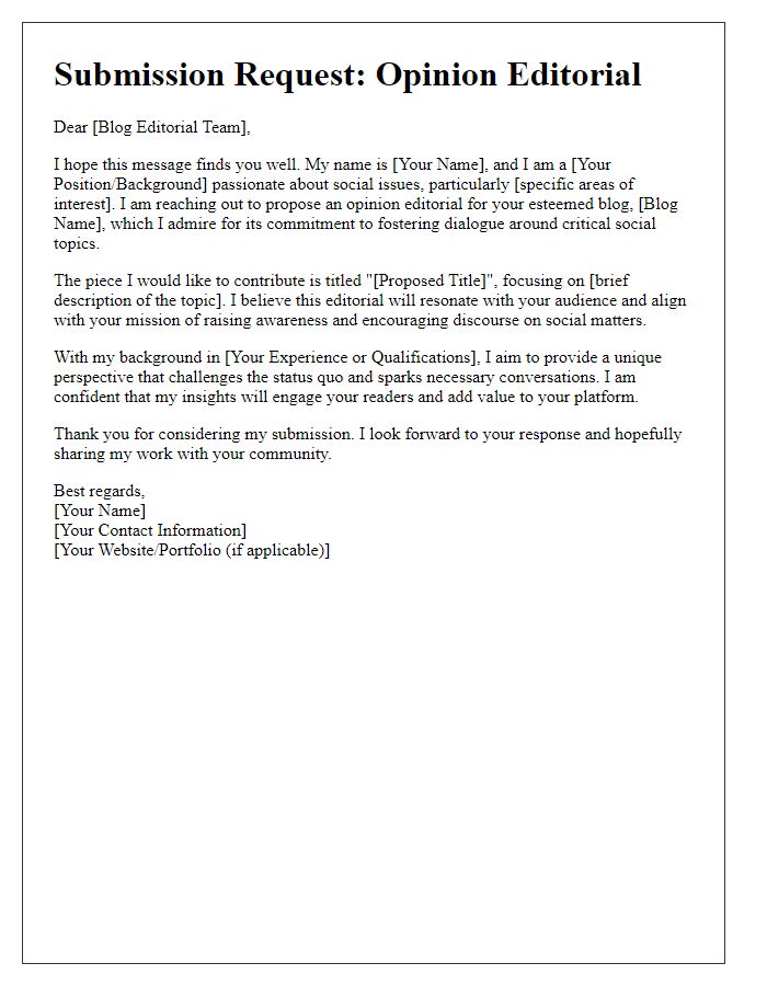 Letter template of opinion editorial submission request for a blog focused on social issues.