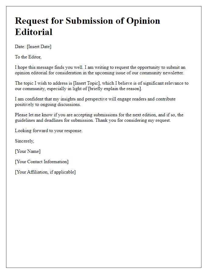 Letter template of opinion editorial submission request for a community newsletter.