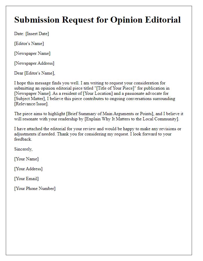 Letter template of opinion editorial submission request for a local newspaper.