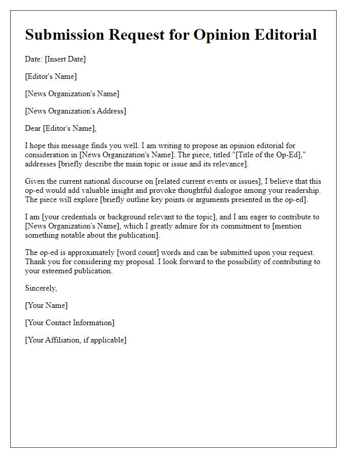 Letter template of opinion editorial submission request for a national news organization.