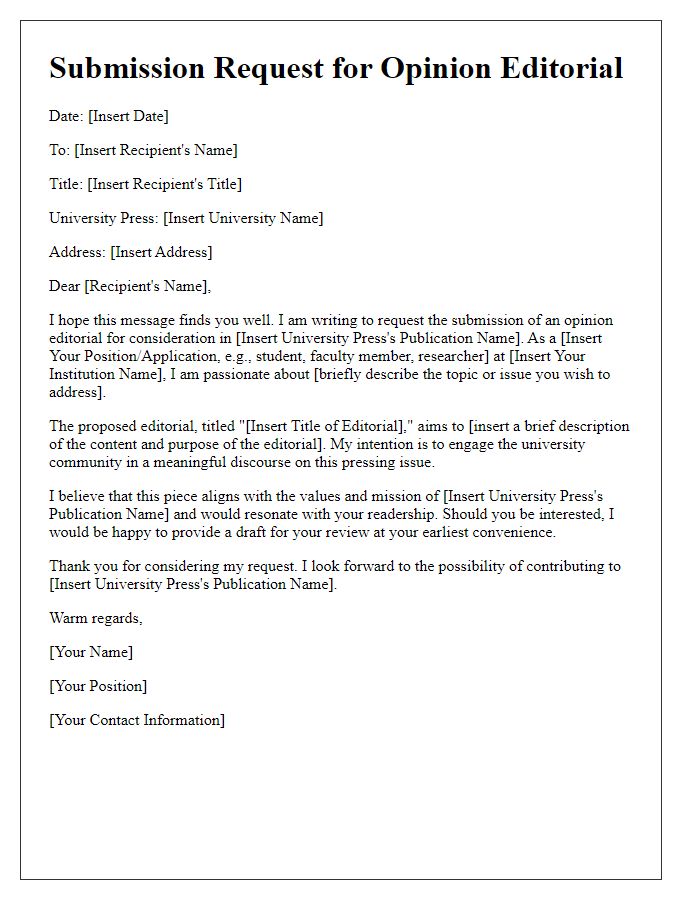 Letter template of opinion editorial submission request for a university press.