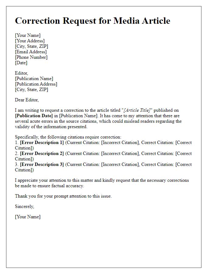 Letter template of media article correction request for acute errors in source citations.