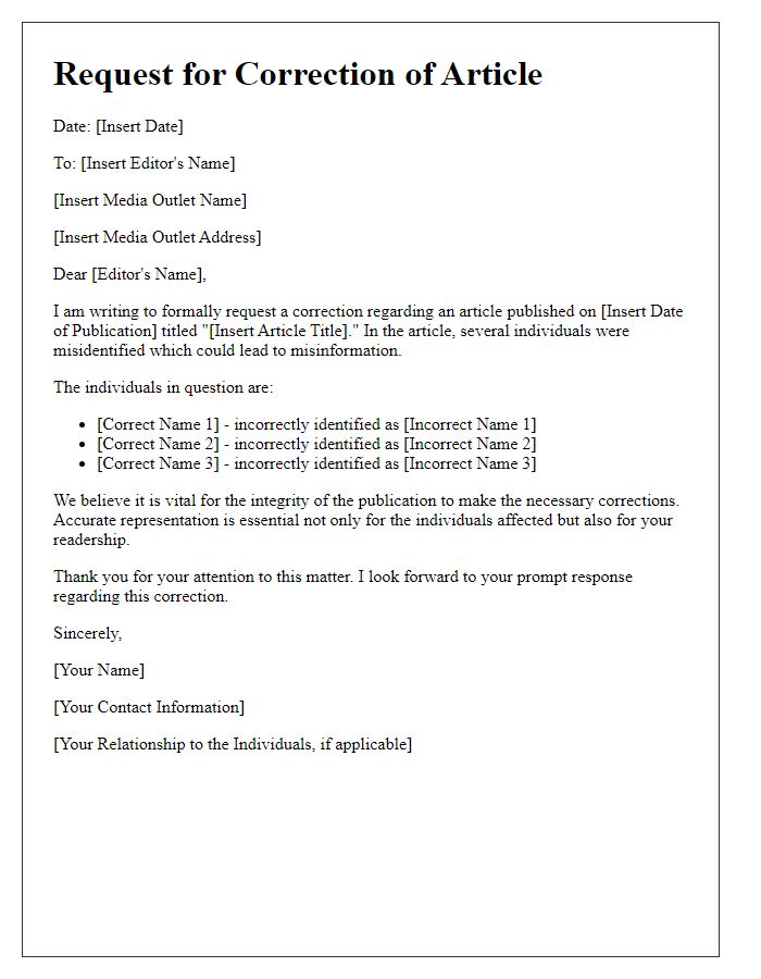 Letter template of media article correction request for misidentified individuals.