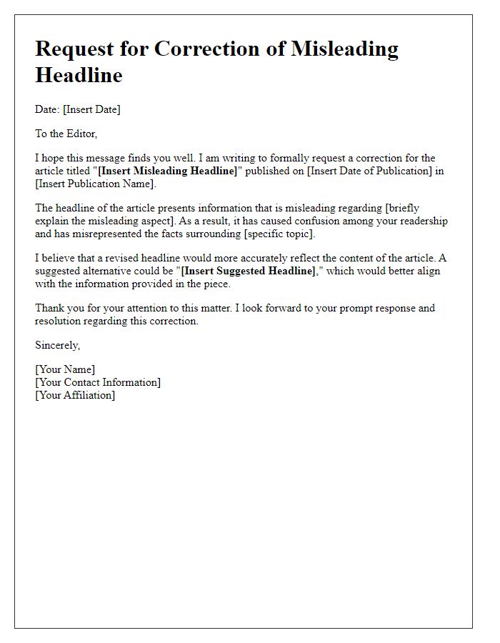 Letter template of media article correction request for misleading headlines.