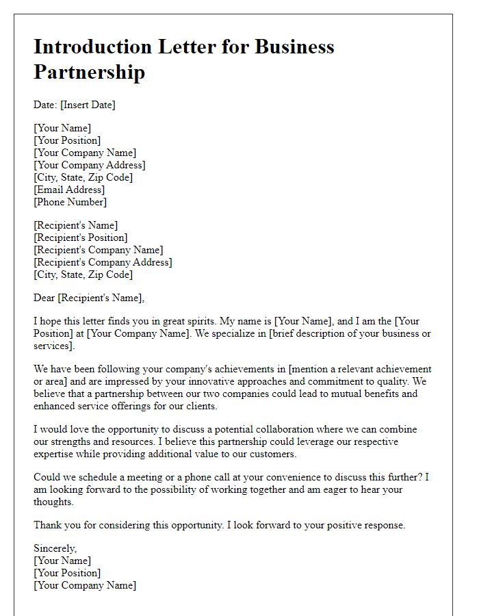 Letter template of an introduction letter for a business partnership.