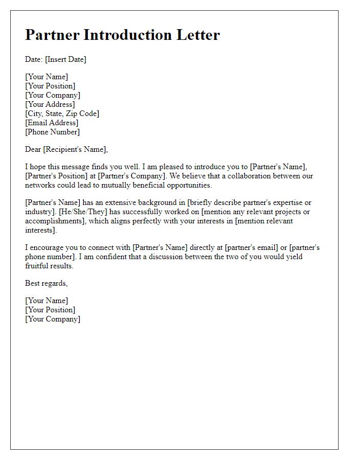 Letter template of a partner introduction letter for networking events.