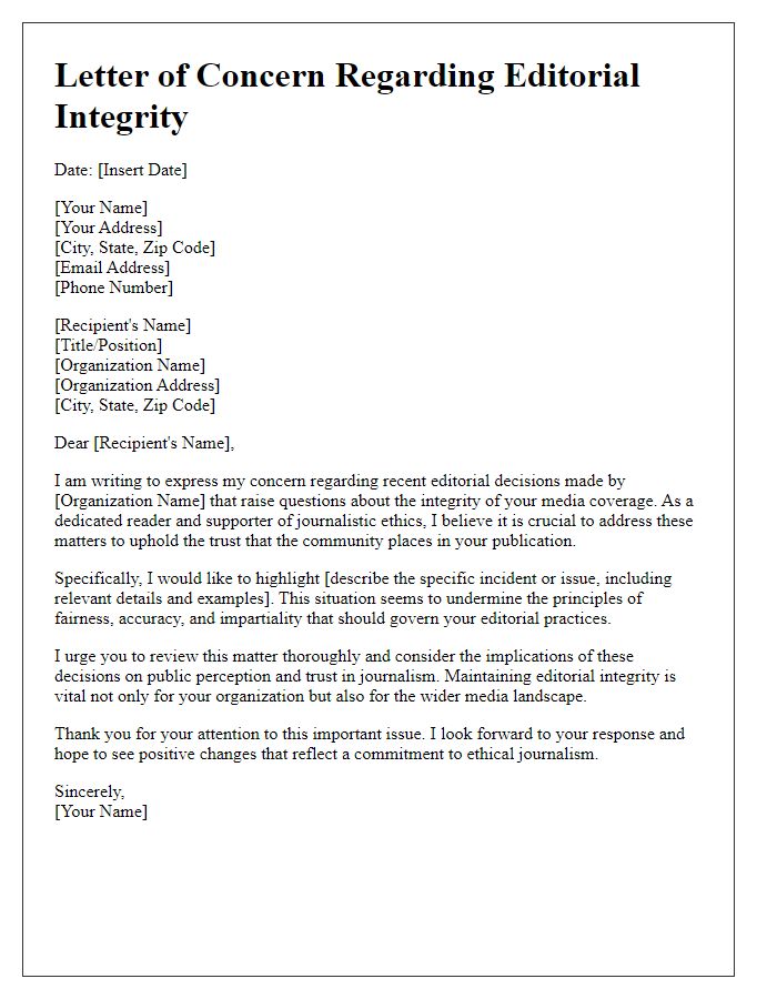 Letter template of media ethics concern involving editorial integrity.