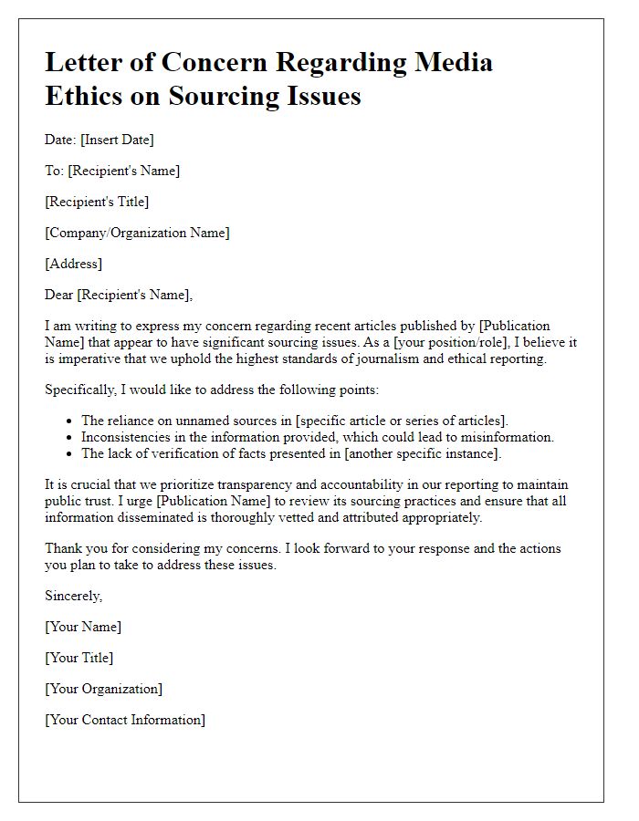 Letter template of media ethics concern on sourcing issues.