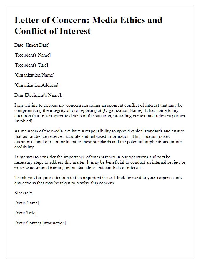 Letter template of media ethics concern related to conflict of interest.