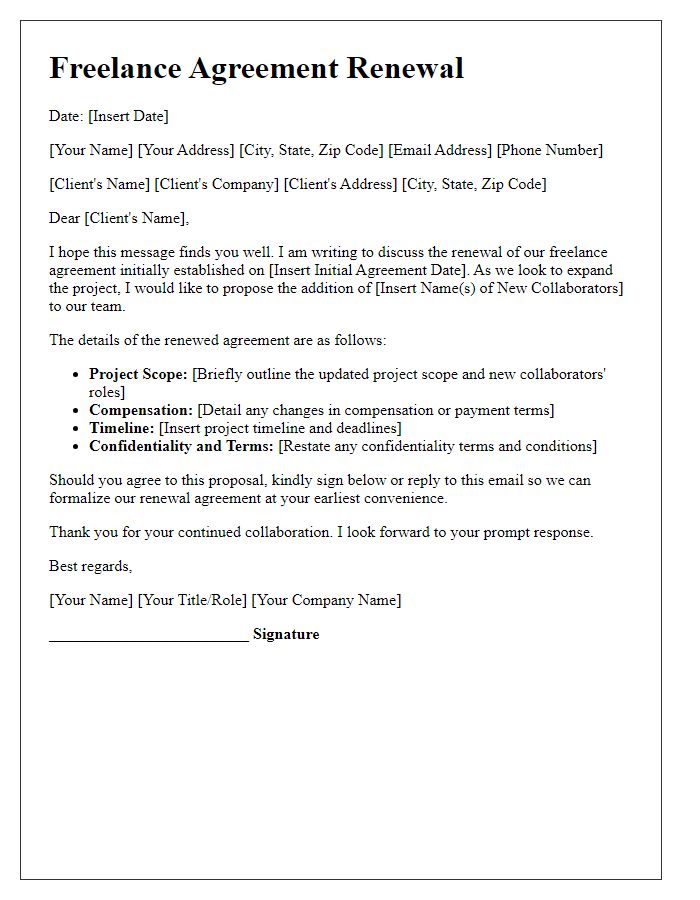 Letter template of freelance agreement renewal for additional collaborators