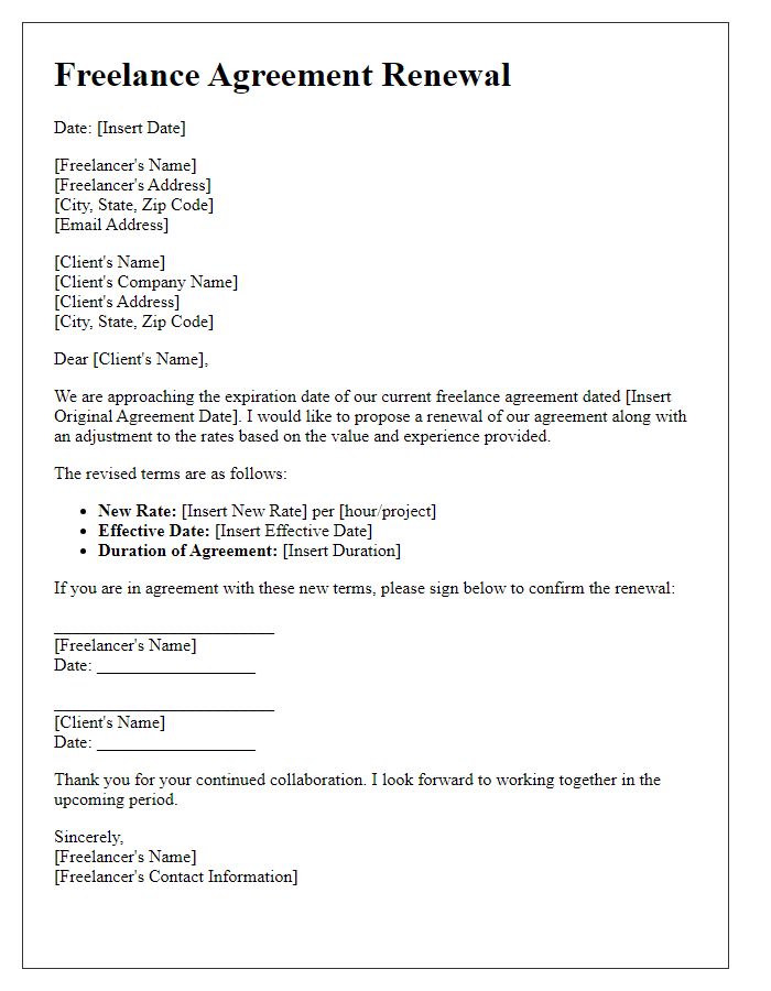 Letter template of freelance agreement renewal with adjusted rates