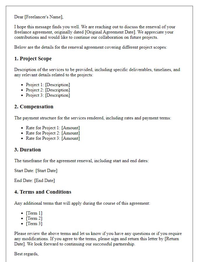 Letter template of freelance agreement renewal for different project scopes