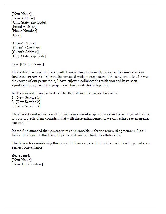 Letter template of freelance agreement renewal for expanded services