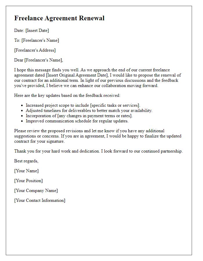 Letter template of freelance agreement renewal to incorporate feedback